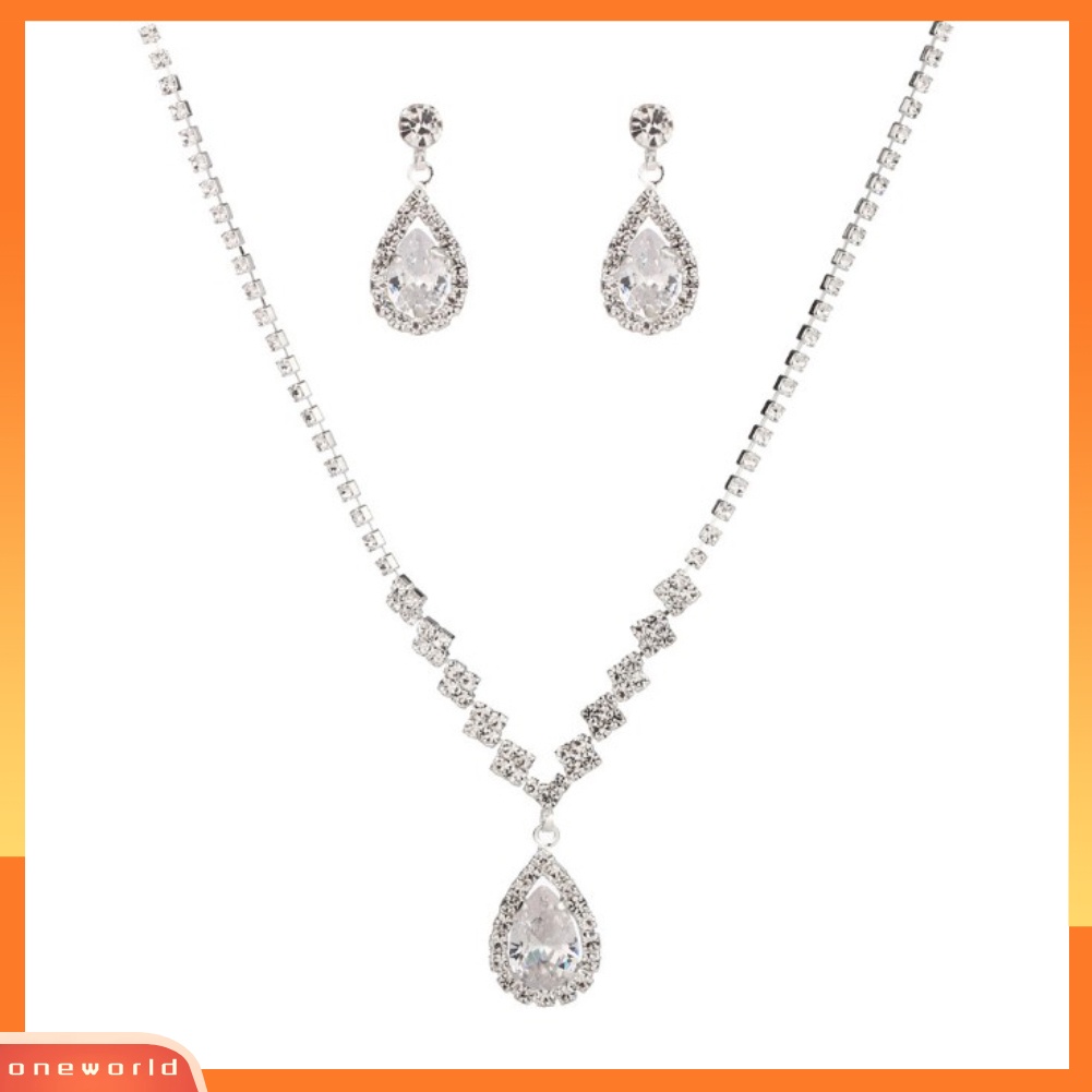 OW@ Elegant Lady Teardrop Rhinestone Dangle Chain Necklace Hook Earrings Jewelry Set