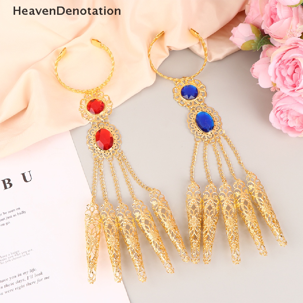 [HeavenDenotation] Gelang Vintage Untuk Wanita Merah Biru Gelang Kristal Perhiasan Kuku Palsu Panjang HDV