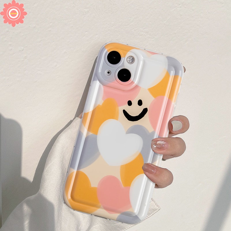IPHONE Kartun Smiley Case Kompatibel Untuk Iphone11 14 13 12 Pro MAX 6 6S 7 8 Plus XR X XS MAX Warna-Warni Cinta Hati Pelindung Kamera Lembut TPU Silicon Shockproof Airbag Penutup Belakang