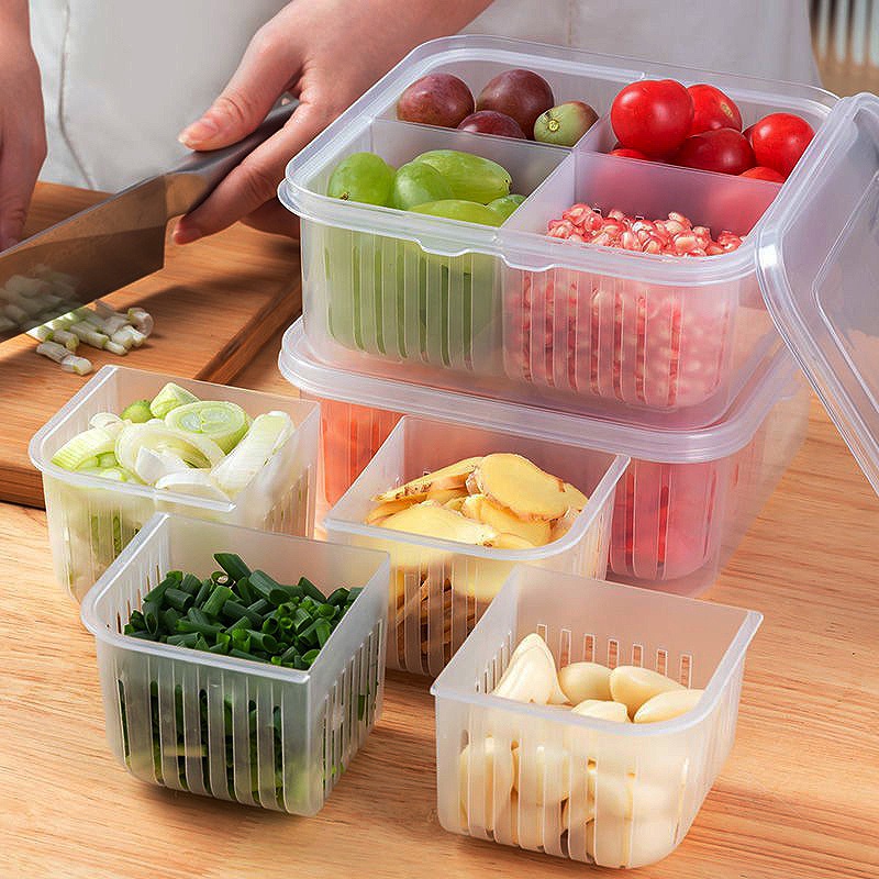 4in1 Design Draining Box Split Fresh-Keeping Box Alat Penyimpanan Dapur Untuk Musim Semi Bawang Jahe Bawang Putih Dengan Penutup Lembut Bumbu Sub-Packed Boxes Fruit Vegetable Storage Box