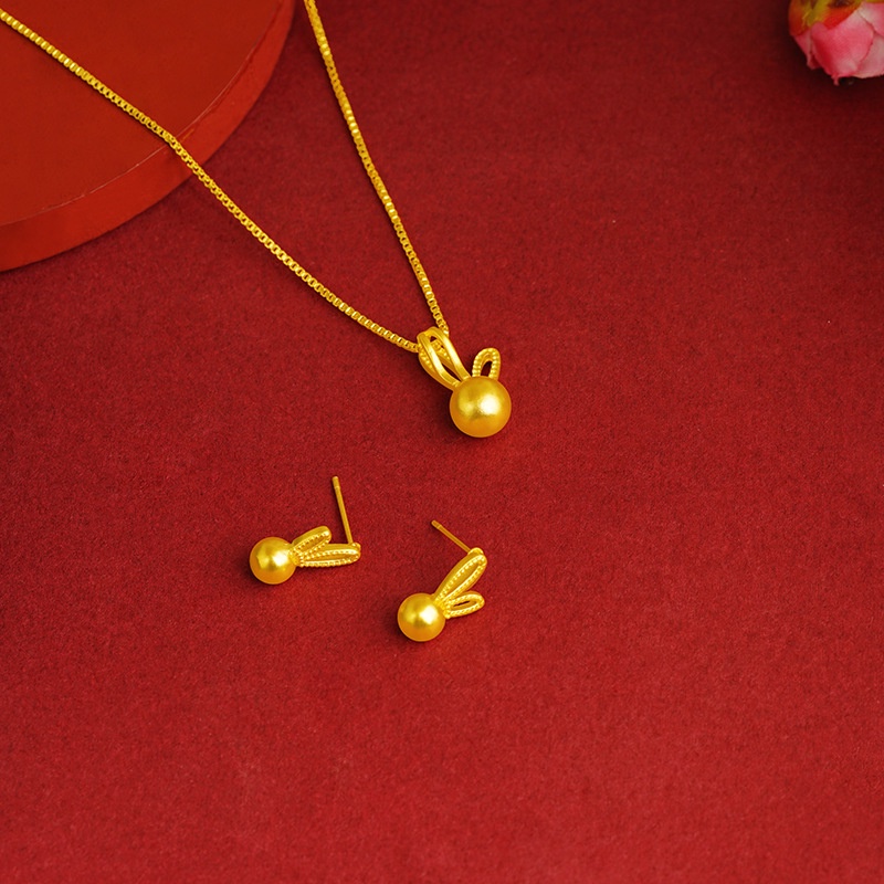 Goldkingdom Perhiasan Fashion Emas Asli Kadar 375Bangkok Aksesoris Ready Stock Kelinci Lucu Baru Setelan Kalung Telinga Aksesoris Wanita Tembaga Manis Berlapis Emas