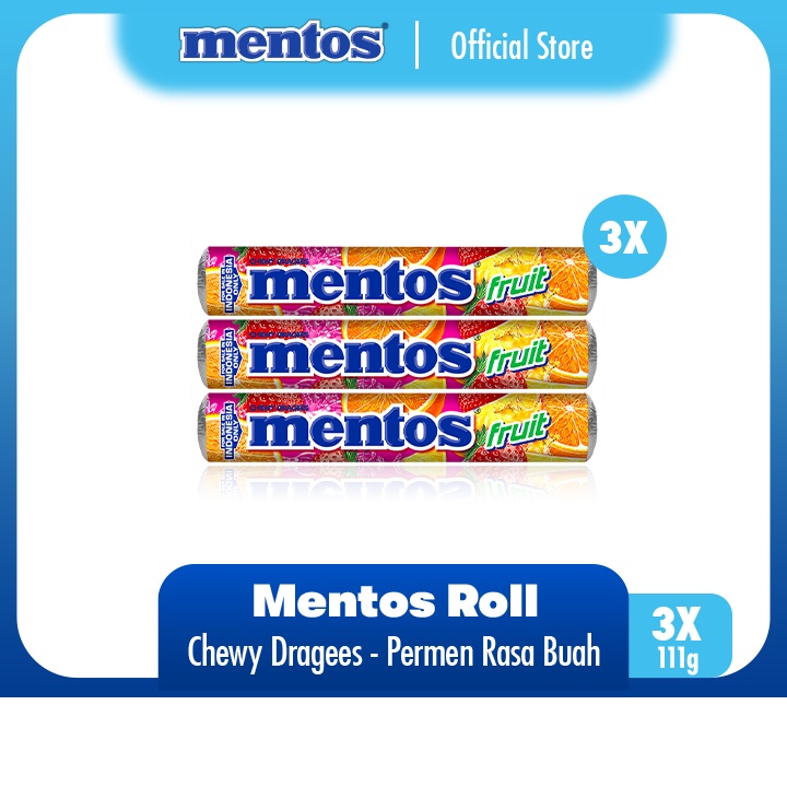 

Mentos Chewy Dragees Fruit 111g - Permen Mint Rasa Buah (3 Rolls)