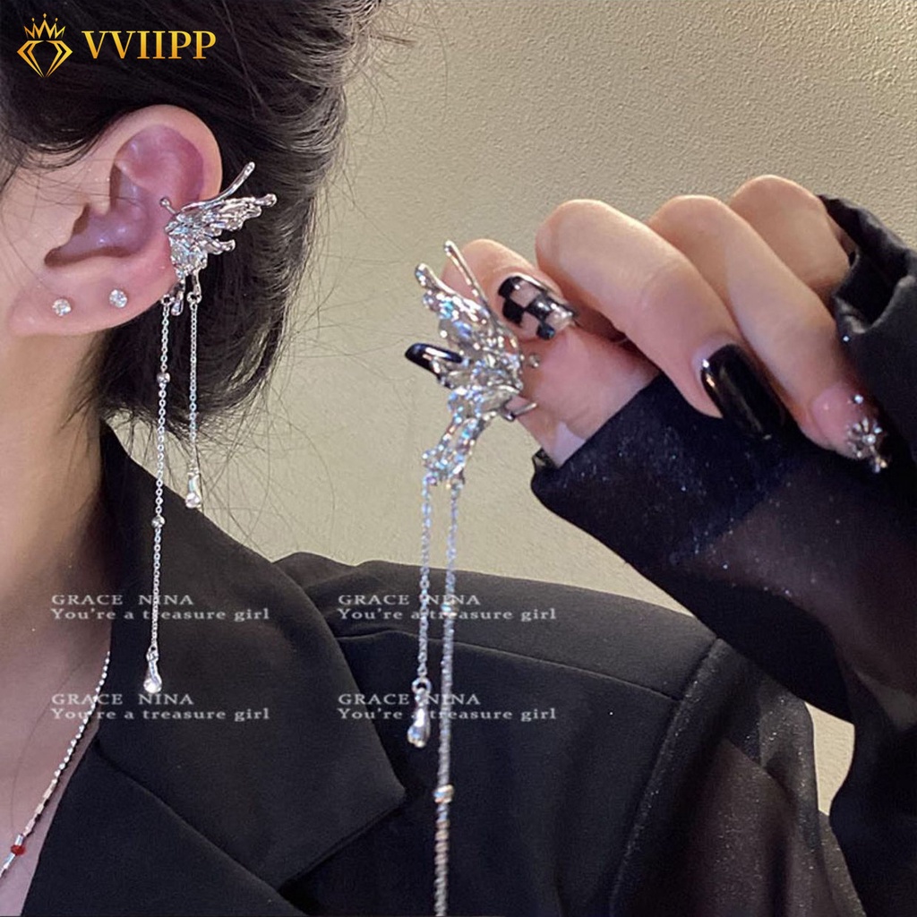 Anting Klip Kupu-Kupu Elegan Untuk Wanita Jumbai Aksesoris Perhiasan Silver