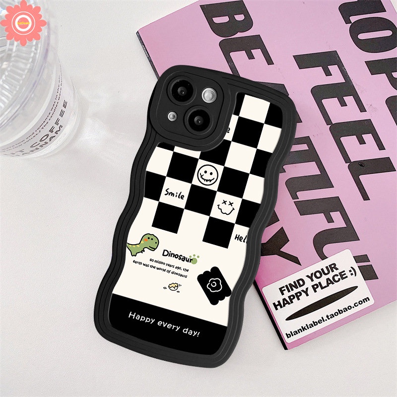 Casing Papan Catur Fashion Realme C53 C15 C25 C11 C30 9 9Pro+9i C25s 8i 5 6i 8 8Pro C33 C21Y C12 10 C25Y C17 C20 C3 7i 5i 7senyum Lucu Kartun Dinosaurus Lembut TPU Wavy Edge Case