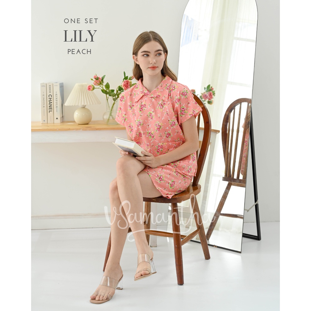 One Set Piyama / Pajamas Crop Motif Lily Peach