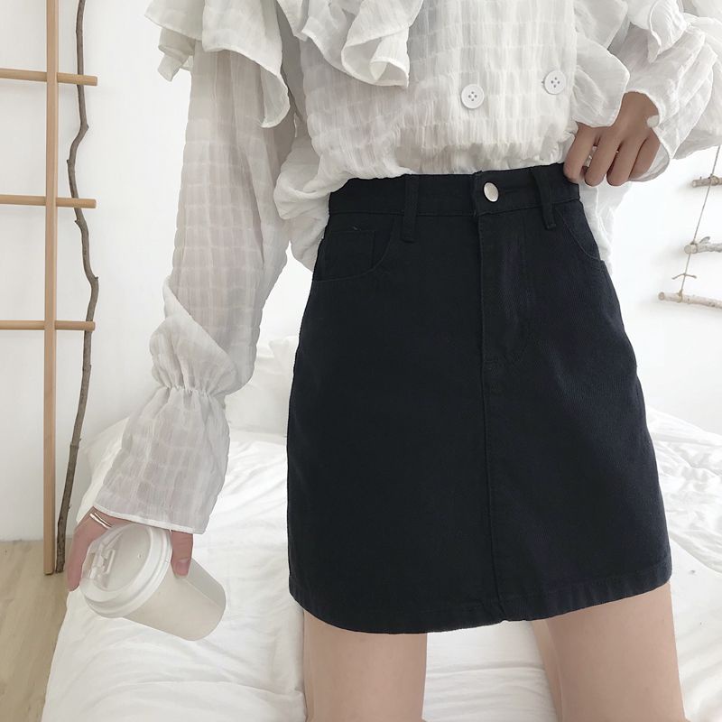 Rok Jeans Pendek A-Line Rok Denim Skirt Pinggang Tinggi Gaya Korea