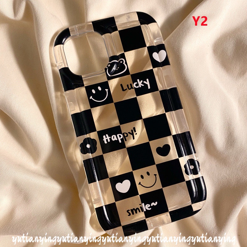 IPHONE Ins Kotak-Kotak Bear Smile Love Heart Case Kompatibel Untuk Iphone6 6S 7 8 Plus XR 11 14 13 12 Pro MAX X XS MAX Shockproof Airbag Lembut TPU Cover Bunga Pasangan Casing Ponsel