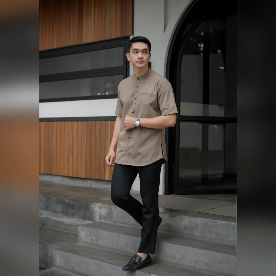 NESS baju muslim pria lengan pendek pakaian lebaran Kemeja Koko kurta dewasa premium terbaru 2023 Alvaro TERACOTA