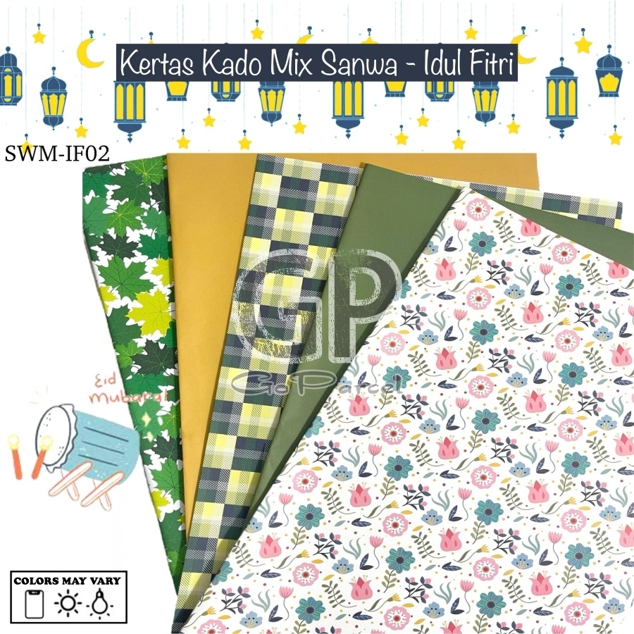 ( 5 Lembar 5 Motif ) IDUL FITRI SANWA MIX - KERTAS KADO IDUL FITRI LEBARAN SANSAN WAWA - GIFT WRAPPING MOTIF IDUL FITRI ISLAMI GREEN