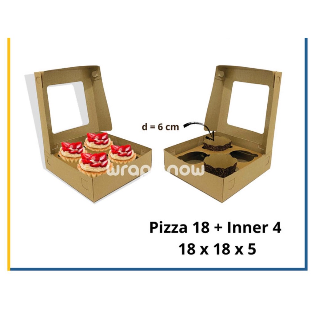 

CUPCAKE BOX KRAFT MIKA 18X18X5 CM + INNER LUBANG 4 ( 5 SET ) LAMINASI 365 GSM