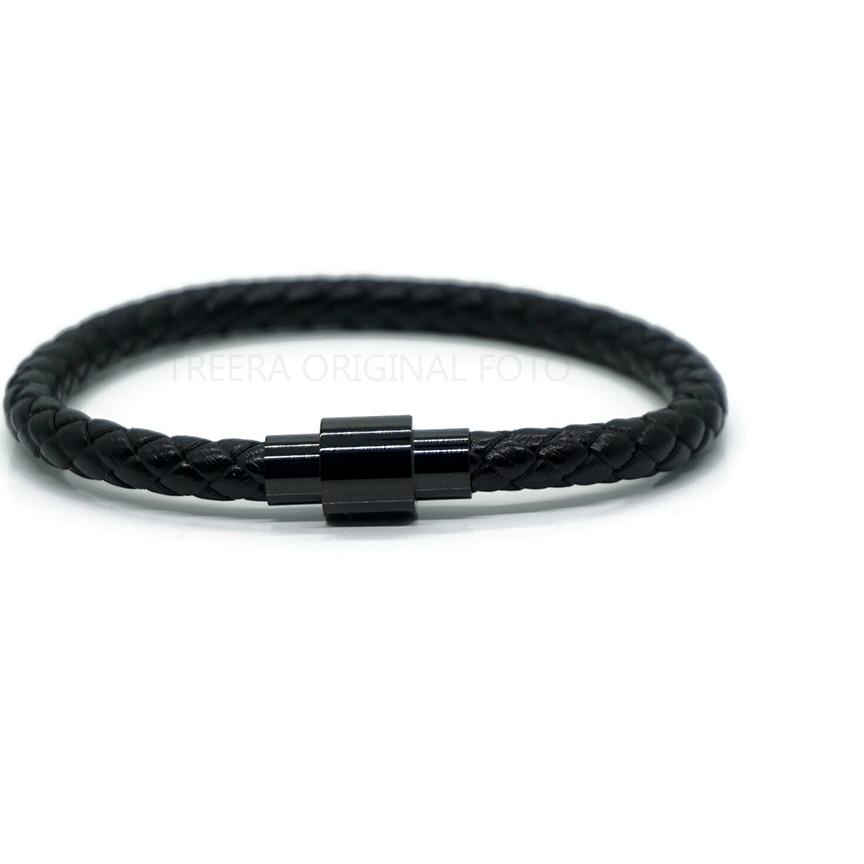 ❆ Treera - Gelang Kulit Pria Hitam Magnetic Lock Emas Hitam Original ✺