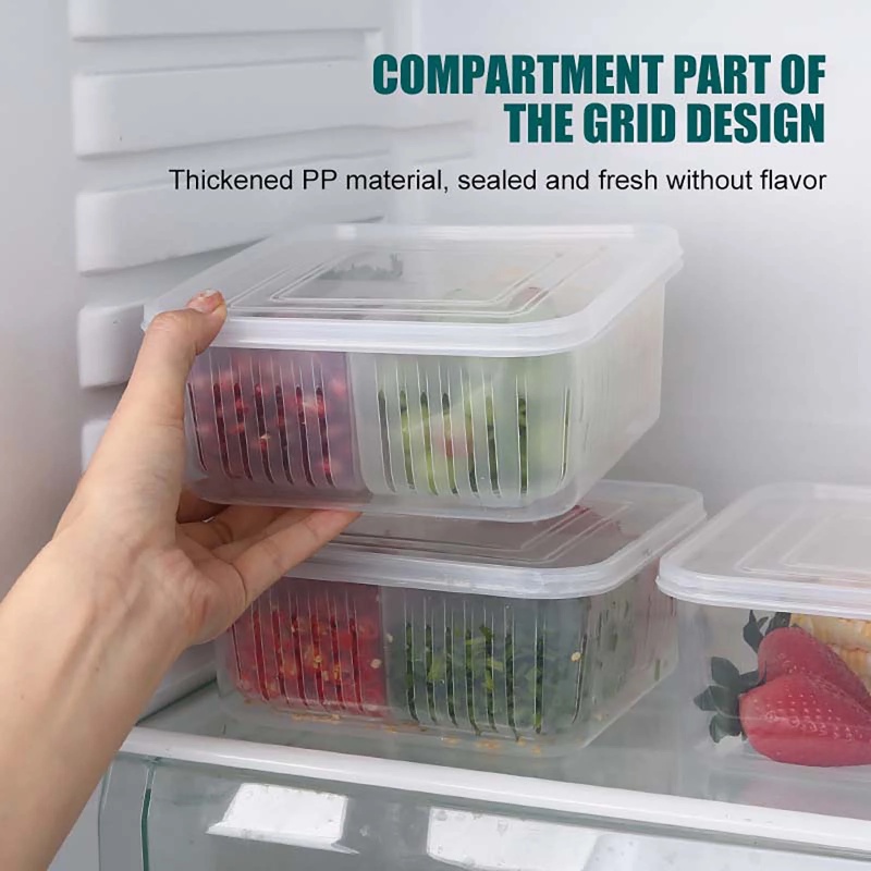 Kulkas Multifungsi Makanan Fresh-keeping Kotak Penyimpanan Segar Buah Sayur Organizer Dengan Tutup Kulkas Wadah Sekat Untuk Bawang Hijau Garlic Plastic Sealed Draining Case