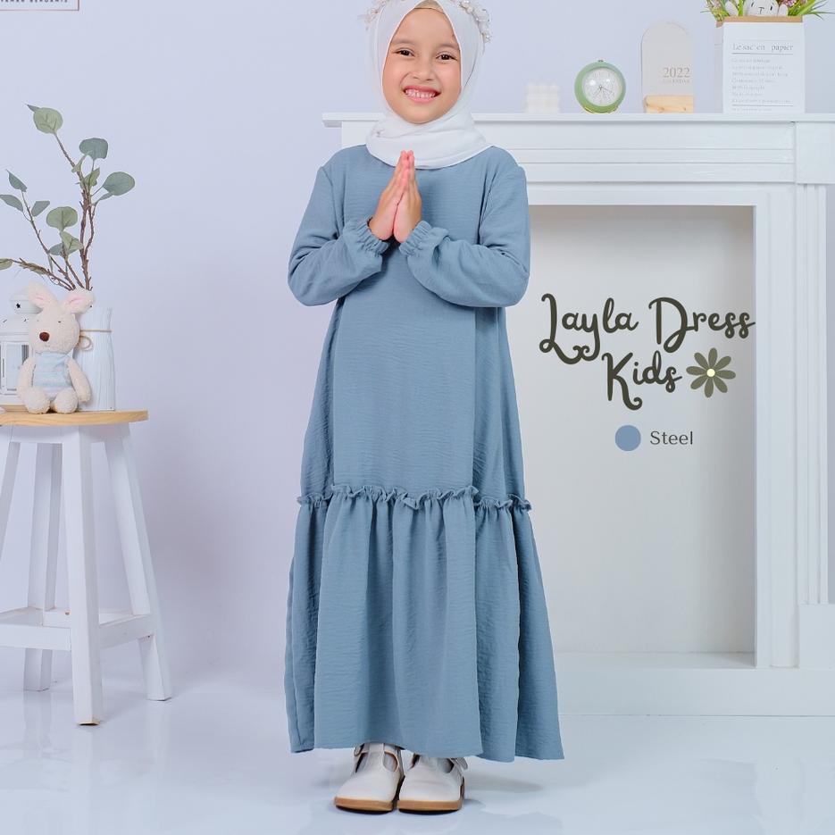 Diskon Layla Dress Kids / Gamis anak / Gamis Crinkle Anak / baju muslim anak ironless / Gamis polos 