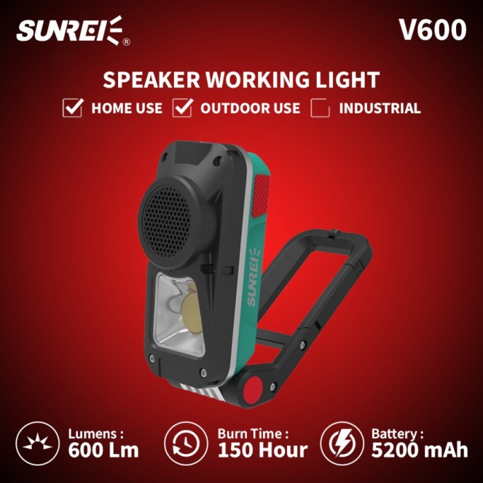 Terlaris Lampu Kerja Emergency Lamp Sunrei V600 600 Lumens Bluetooth Speaker