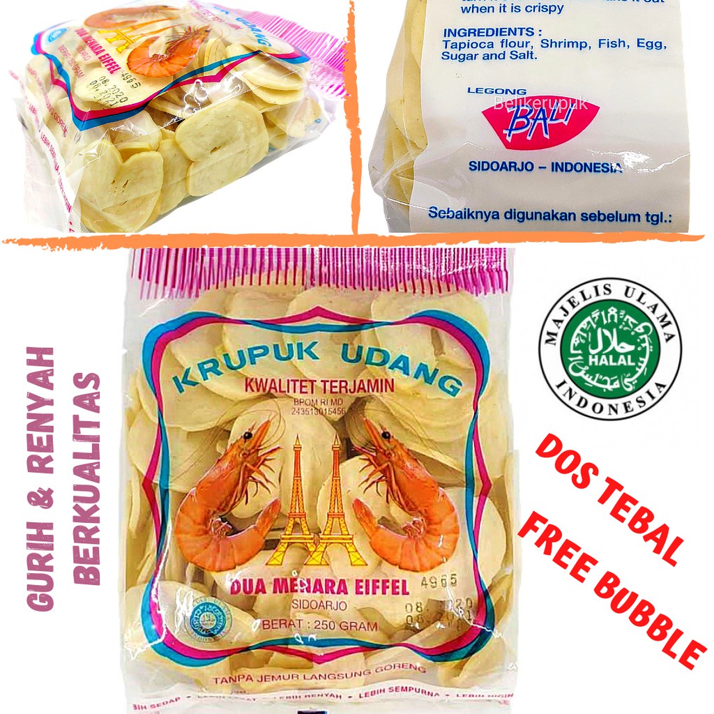 

KERUPUK UDANG SUPER DUA MENARA EIFFEL KUALITAS EKSPOR UKURAN MENTOR MEDE 250g Krupuk Udang Mentah