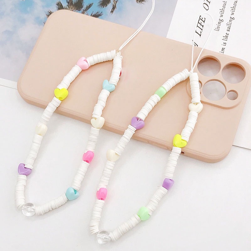 Rantai Manik-Manik Cinta Hati Clay Warna Permen Anti Hilang Tali Telepon Untuk iPhone Android OPPO VIVO Huawei Xiaomi Redmi Samsung Semua Ponsel Earphone Cover