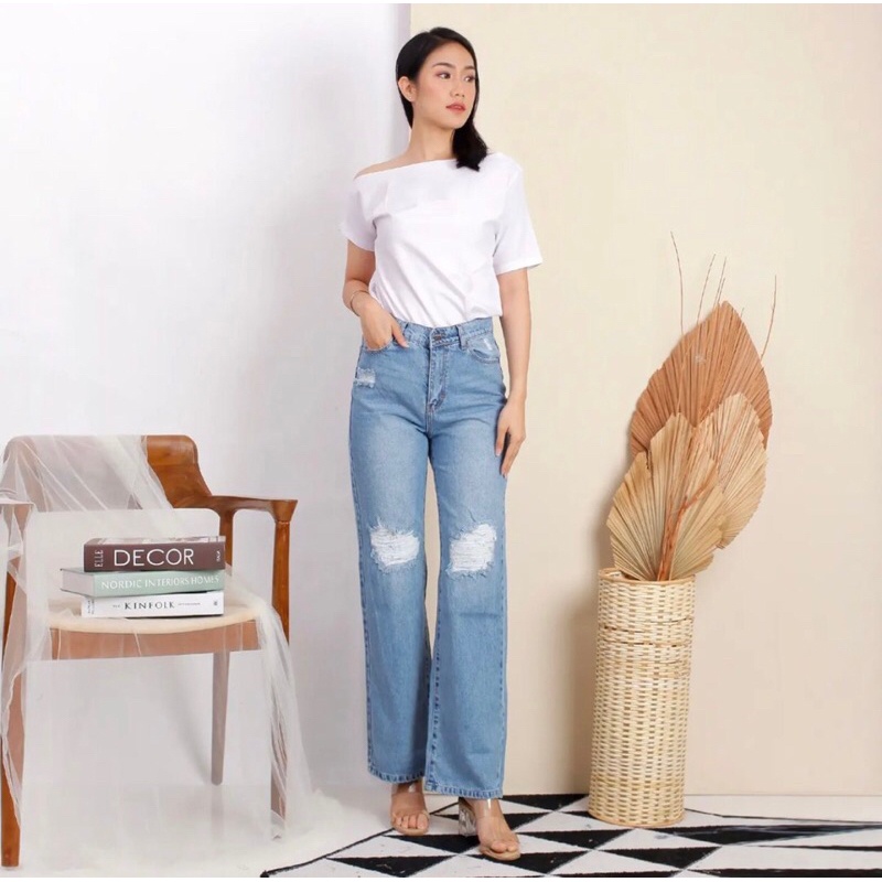 Celana jeans wanita HW high waist sobek celana panjang kulot jeans boyfriend korea style loose jeans