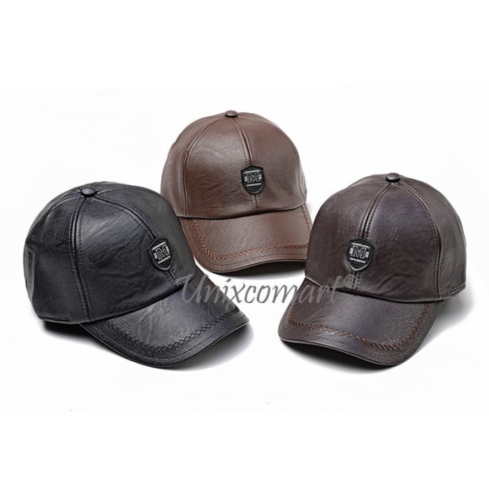 SALE -Jamont M Logo Topi Baseball Hat Casual Sport Pria Wanita PU Leather - Light Coffee  3.1.23
