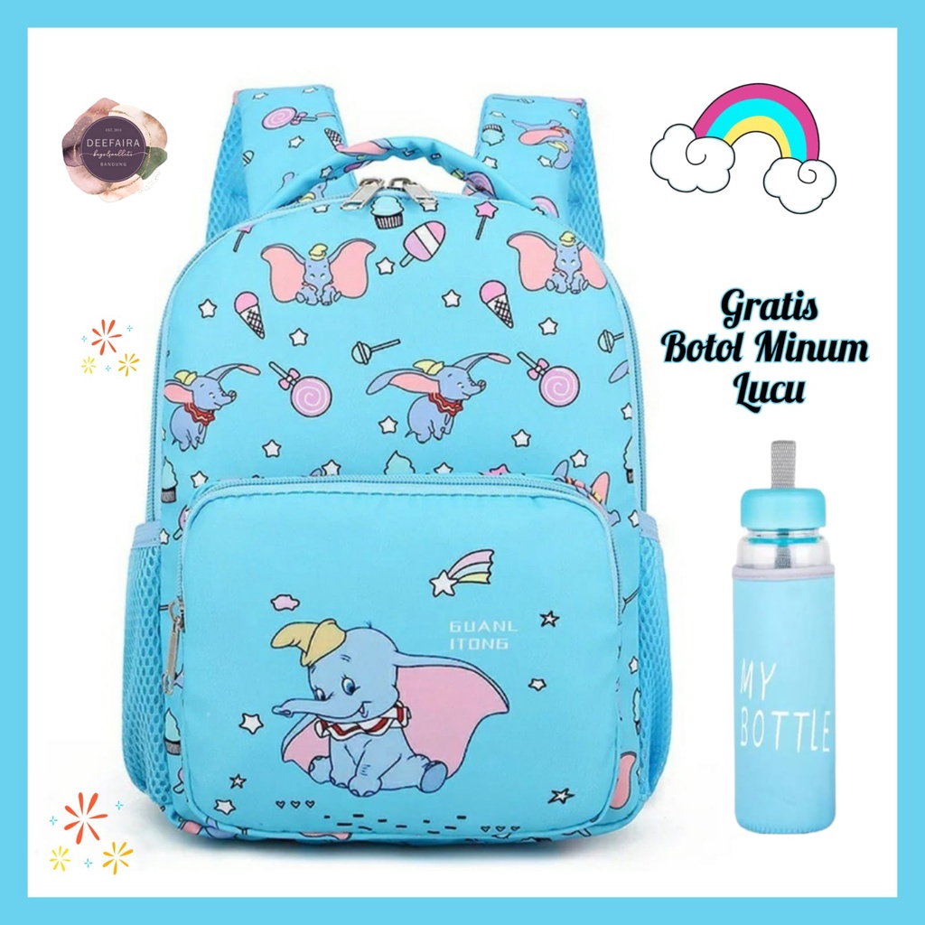 Tas Ransel Anak Perempuan Sd Dan Smp Motif GajahSmile Free Botol Minum Lucu