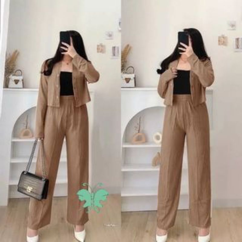 Set Casey Premium Knit (Cardi+Pants) / Setelan Wanita Crop dan Celana Kulot