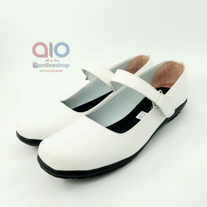 Aline Sepatu Pantofel Wanita Putih Flat Formal Bidan Perawat Dokter Akper Akbid A06
