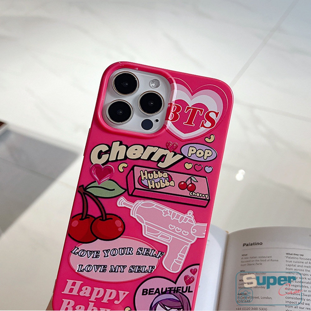 IPHONE Permen Glossy Case Kompatibel Untuk Iphone7 8 Plus XR 11 13 14 12 Pro Max X XS Max SE 2020 Rose Red Label Kartun Cherry Kamera Perlindungan Tahan Guncangan Lembut TPU Silicon Back Cover