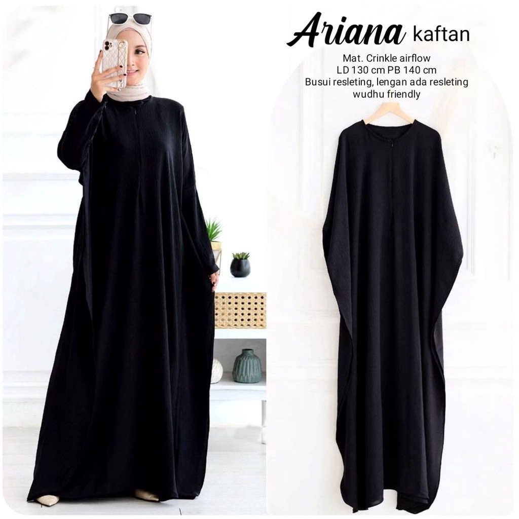 Ariana Kaftan Wanita Jumbo Crinkle Airflow Premium Gamis Terbaru Polos Bigsize Baju Wanita Muslim Kekinian LD 130 cm