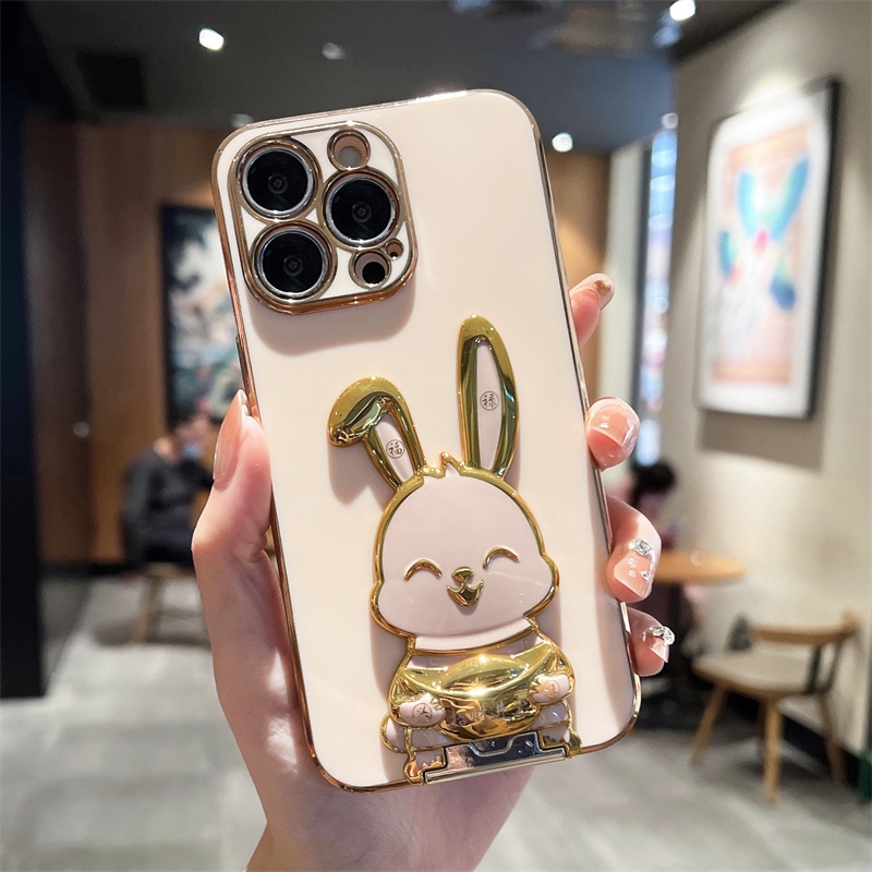 Cute RabbitFro Soft Case iPhone 12 Pro Max 11 Pro Max Xs Max Rabbit Pegang Ingot Dengan Phone Holder Electroplating Phone Case