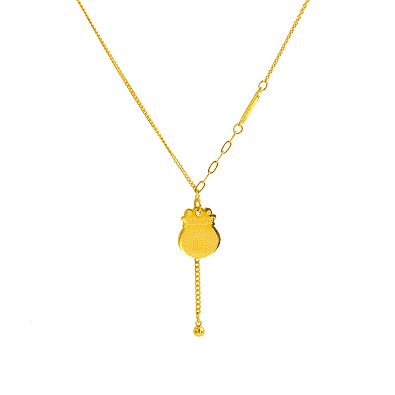 Goldkingdom Perhiasan Fashion Emas Asli Kadar 375Bangkok Aksesoris Ready Stock Fu Lu Rumbai Sepuhan Liontin Fu Tas Kunci Emas Kalung Untuk Wanita