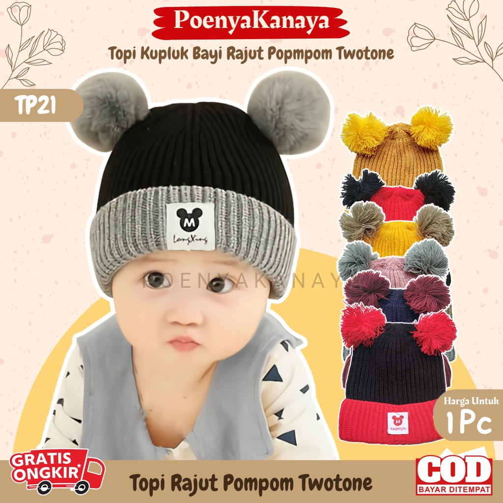 Topi Kupluk Bayi Rajut  Pompom TWOTONE Topi Rajut TP21