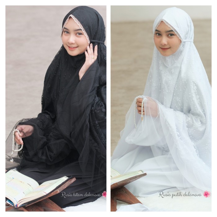 Mukena Rusia Dalanova Ready Stock - putih/hitam, All Size