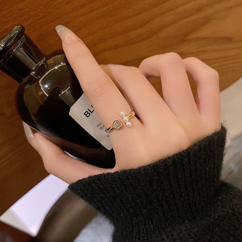 Goldkingdom Aksesoris Perhiasan Fashion Ready Stock Korea Ins Pasang Desain Senior Rasa Cinta Cincin Jari Telunjuk Pembukaan Cincin Mutiara Yang Dapat Disesuaikan Cincin Perempuan