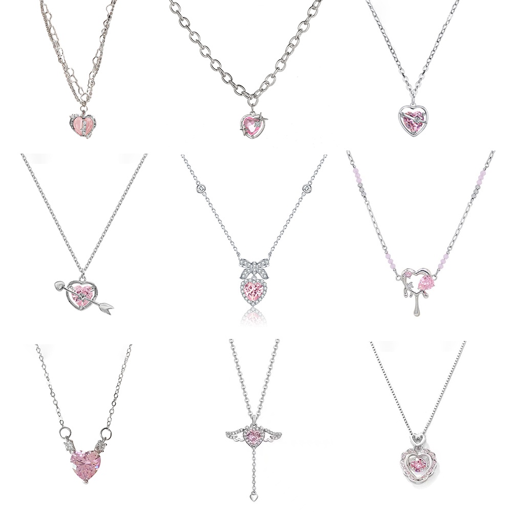 Kalung Liontin Cupid Kristal Pink Manis Berongga Jantung Salib Rantai Perak Choker Untuk Aksesoris Perhiasan Wanita