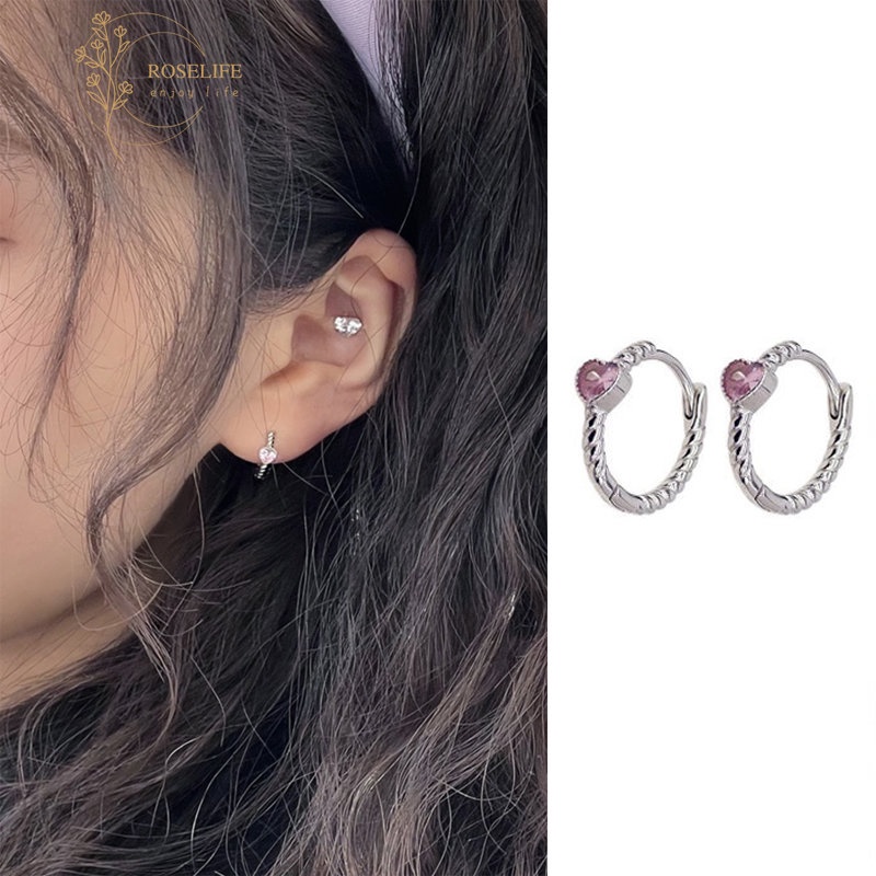 Roselife Korean 2 Pcs Silver Pink Rhinestone Heart Hoop Earrings for Women Girls Zircon Twisted Circle Round Earring Jewelry Gift