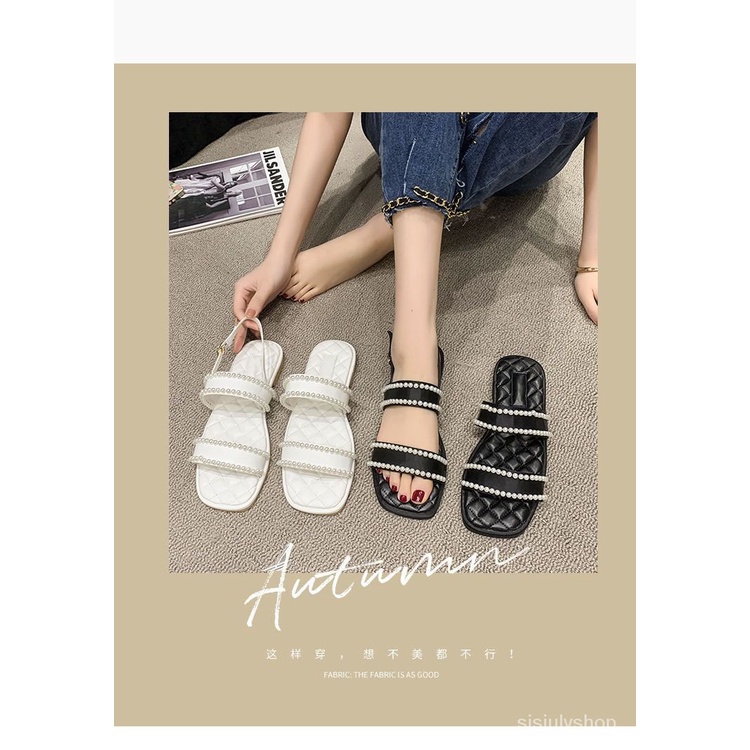 #Sisjuly# Angin harum kecil sepatah kata dengan sandal datar wanita mutiara hitam baru kepala perseg