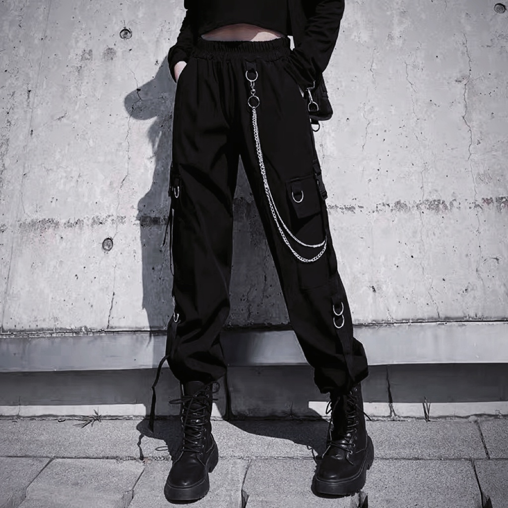 Women Black Cargo Pants with Chain 8661 (S/M/L)