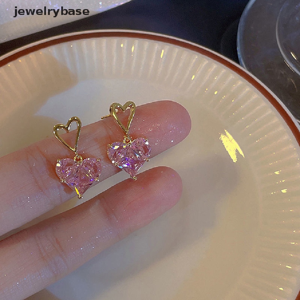 [jewelrybase] Elegan Halus Merah Muda Cinta Zirkon Klavikula Kalung Telinga Studs Wanita Anting Perhiasan Pesta Hadiah Butik