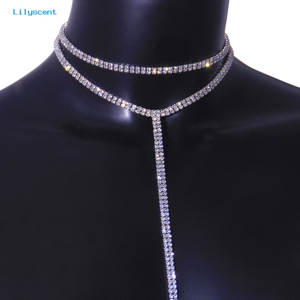 [LS] Wanita Kalung Double Layer Panjang Rumbai Berkilau Geometris Adjustable Dekorasi Hadiah Lady Penuh Berlian Imitasi Klavikula Rantai Pesta Perhiasan Untuk Perjamuan