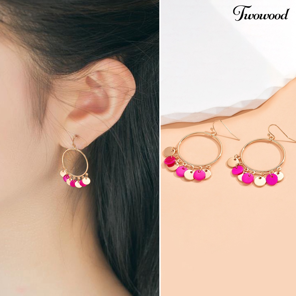 Twowood 1pasang Anting Kait Berlebihan Cincin Besar Kepribadian Geometris Hadiah Emas Alloy Bicolor Bulat Liontin Drop Earrings Fashion Perhiasan