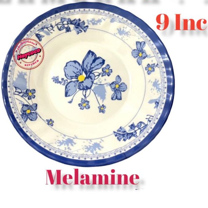 ☜ 1/2 LUSIN PIRING MAKAN MELAMIN 23CM TEBAL CEKUNG MOTIF BUNGA BIRU 6 PCS PIRING MAKAN 9 INC MELAMIN