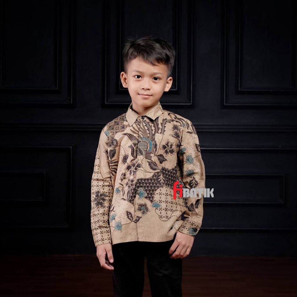 RUZZA Batik Anak Lengan Panjang Ukuran 3-15 Tahun Kemeja Motif Manggar Hijau Daun Baju Laki laki Cowok