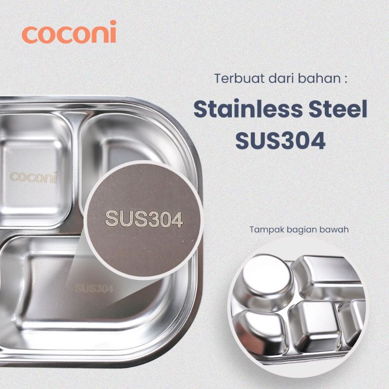 Coconi Premium Stainless Steel Plate Food Tray With Lid / Piring Makan Anak Sekat Stainless