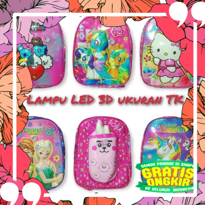 Tas Ransel Anak Perempuan TK/  Paud  3D Timbul Lampu LED Frozen Bt21 Boba Unicorn Kuda Pony Hello Ki