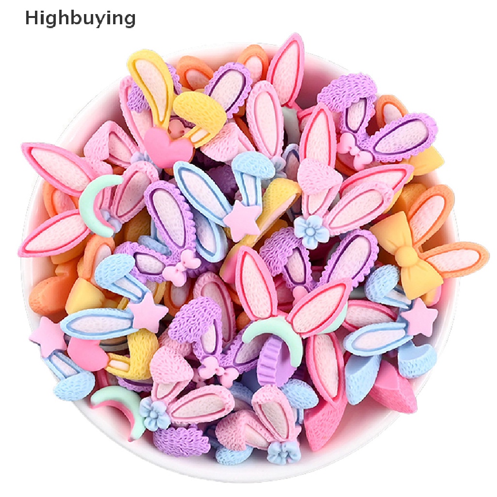 Hbid 10pcs Kartun Telinga Kelinci Busur Flatback Resin Cabochon Datar Kembali Cabochons Anak Rambut Busur Aksesoris DIY Hiasan Dekorasi Glory