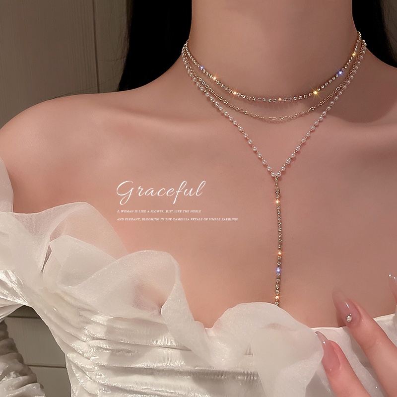 Kalung Multilayer Choker Rantai Kristal Mutiara Rumbai Emas Untuk Aksesoris Perhiasan Wanita
