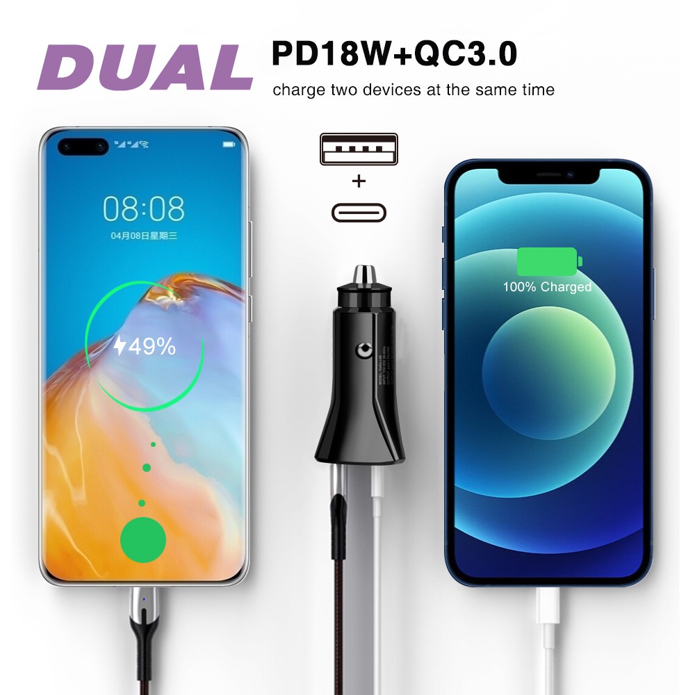 38w QC3.0+PD Dual-Port Flash Charge Adapter QC+Charger Mobil Handphone Tipe C Untuk i-Phone Android Tipe C Di Mobil