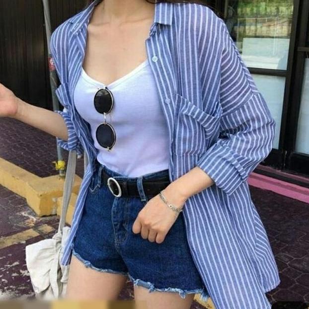 Booming Key - 0112 OUTER STRIPE Size XXL Oversize / Atasan Wanita Kemeja Oversize Katun Hijabers Fri