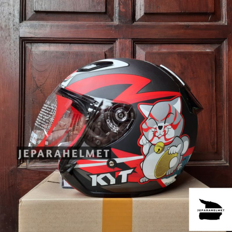 Helm KYT DJ maru Motif Kabuki Cat Matt Gunmetal Doff Original | Helm KYT DJ Maru Halfface Motif Orig