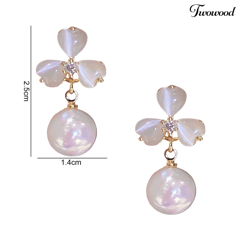 Twowood 1pasang Anting Stud Dainty Elegan Temperamen Gaya Perancis Mutiara Imitasi Opal Bunga Wanita Drop Earrings Perhiasan Aksesoris