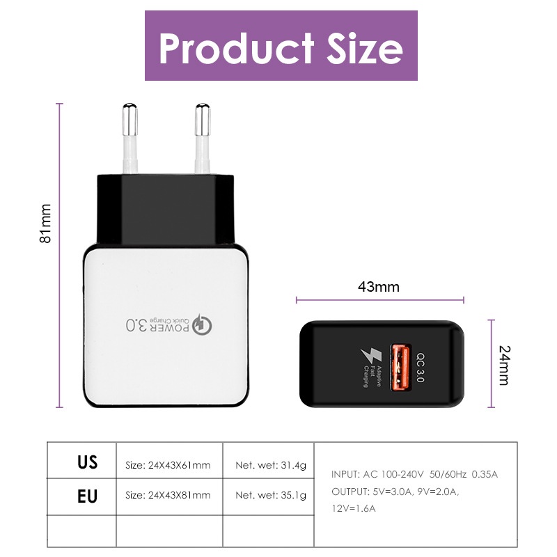 18w 5V 3A Adaptor Daya Charger Ponsel QC3.0 Pengisian Cepat Kepala Pengisian USB Port Tunggal